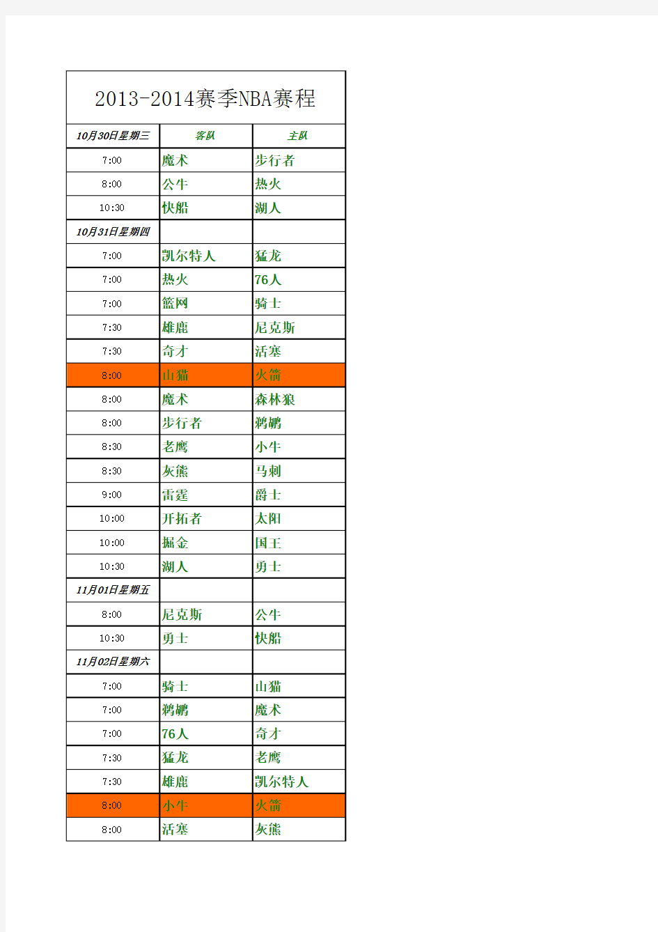 NBA2013-2014赛季完整赛程表