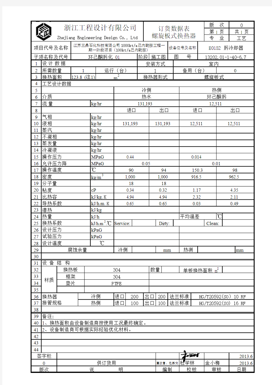 螺旋板式换热器数据表