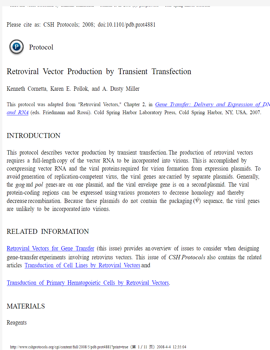 Retroviral Vector Production by Transient Transfection