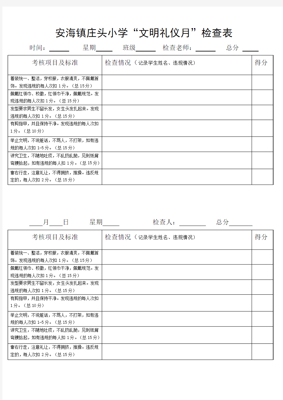 学生一日常规检查表(文明礼仪)