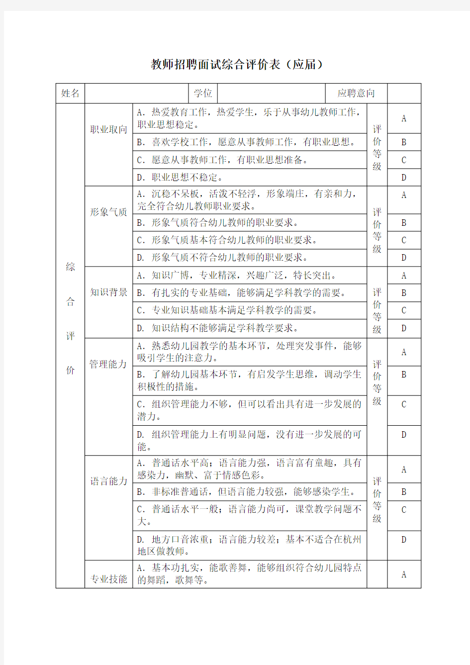 幼儿教师招聘面试综合评价表