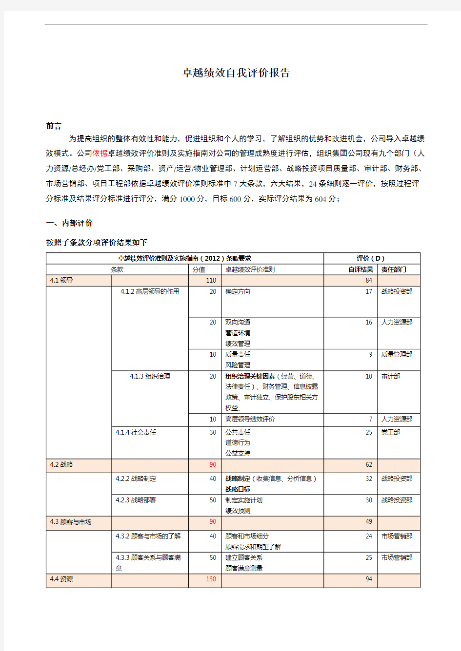 卓越绩效自我评价报告