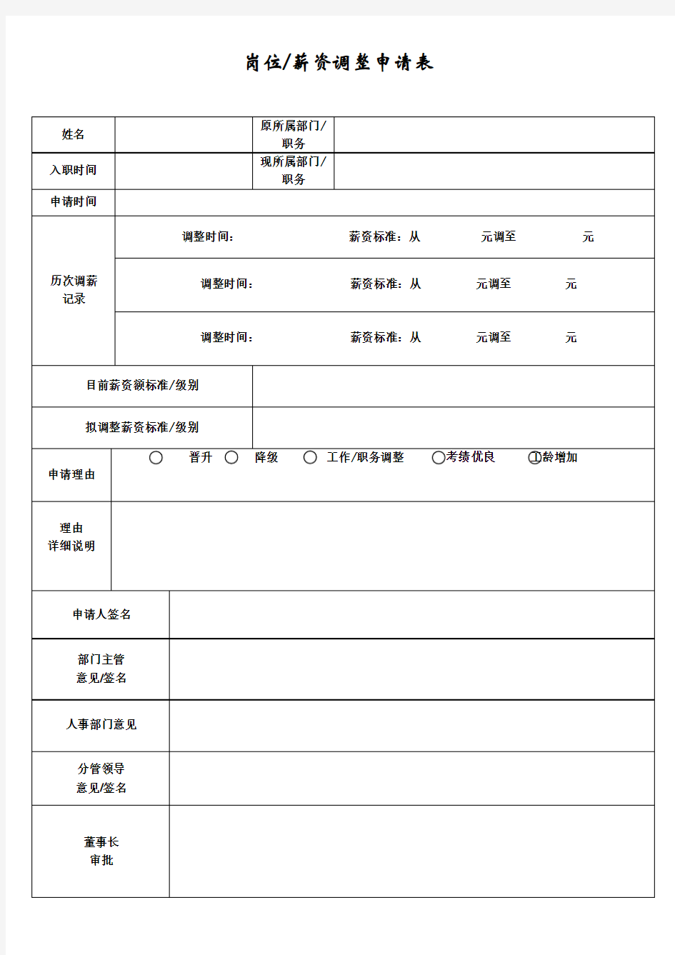 岗位薪资调整申请表