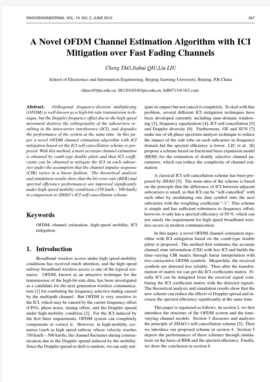 A Novel OFDM Channel Estimation Algorithm with ICI Mitigation over Fast Fading Channels