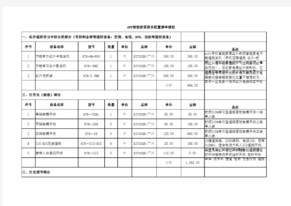 APP智能家居报价配置清单模板