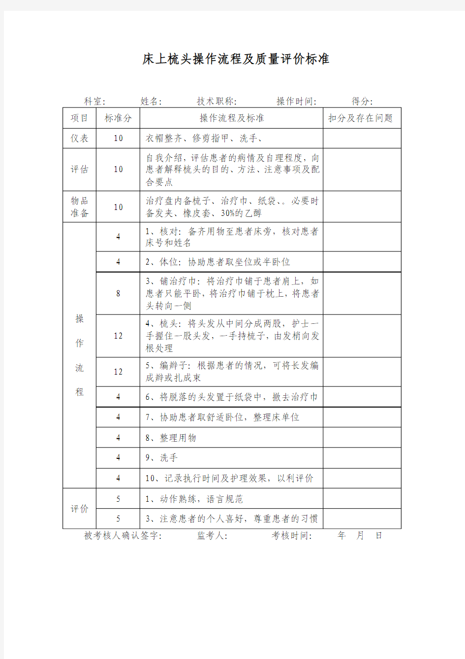 床上梳头操作流程及质量标准