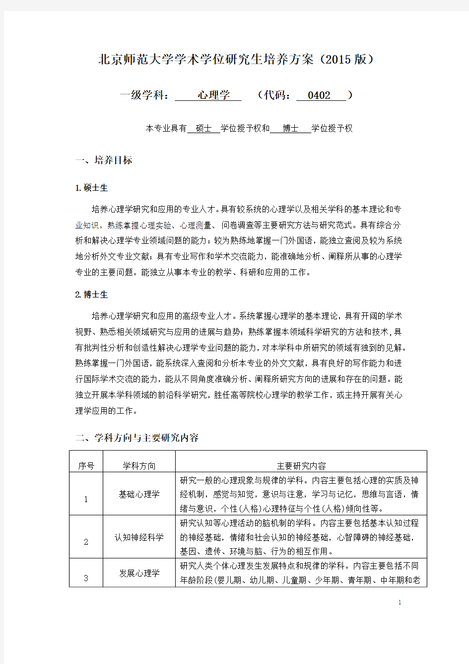 北京师范大学学术学位研究生培养方案(2015版)