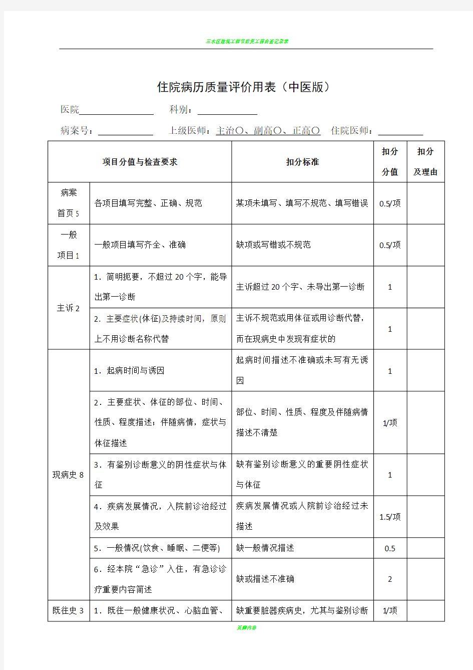 三甲中医医院住院病历质量评价用表