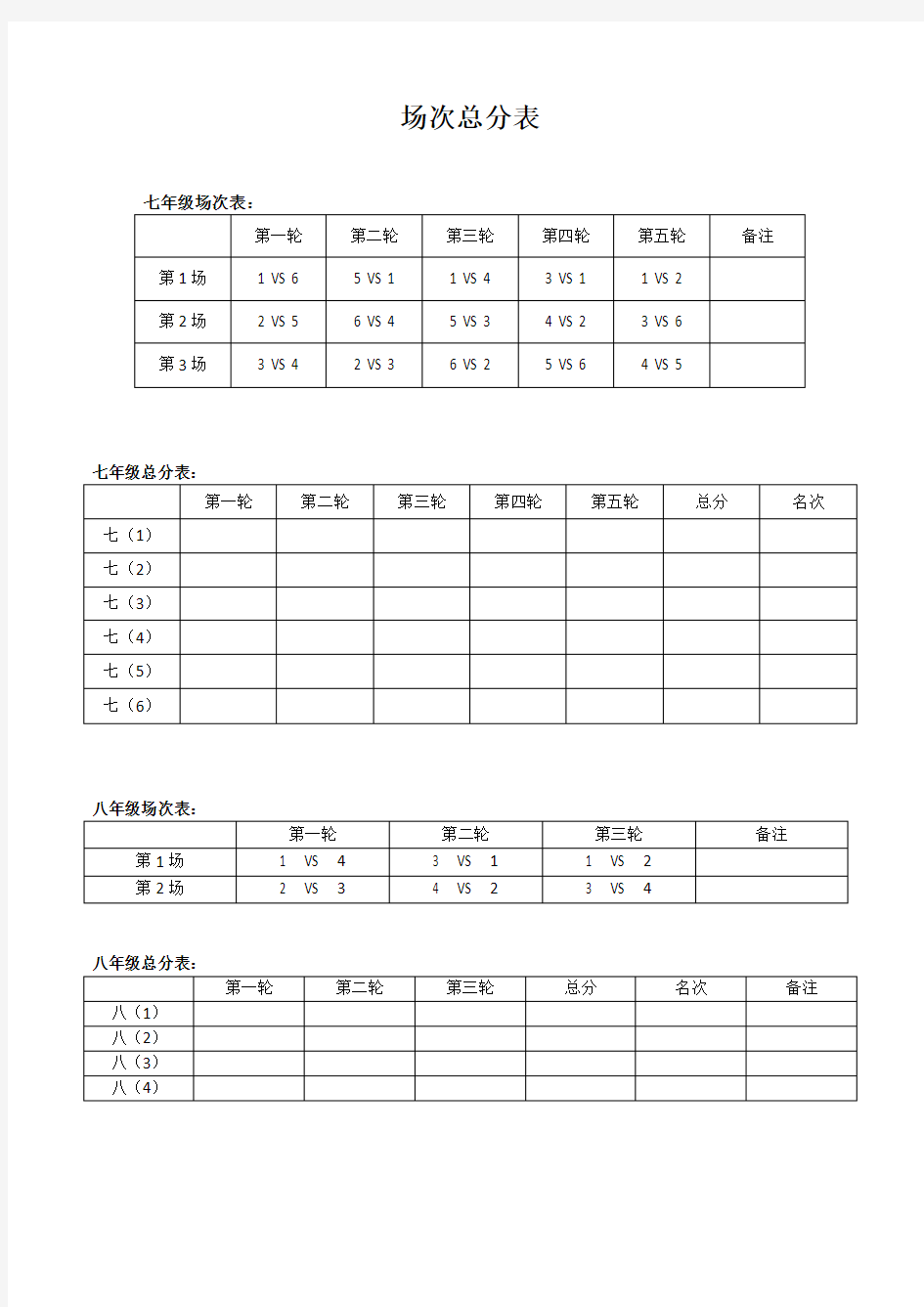 拔河比赛单循环赛制场次总分表