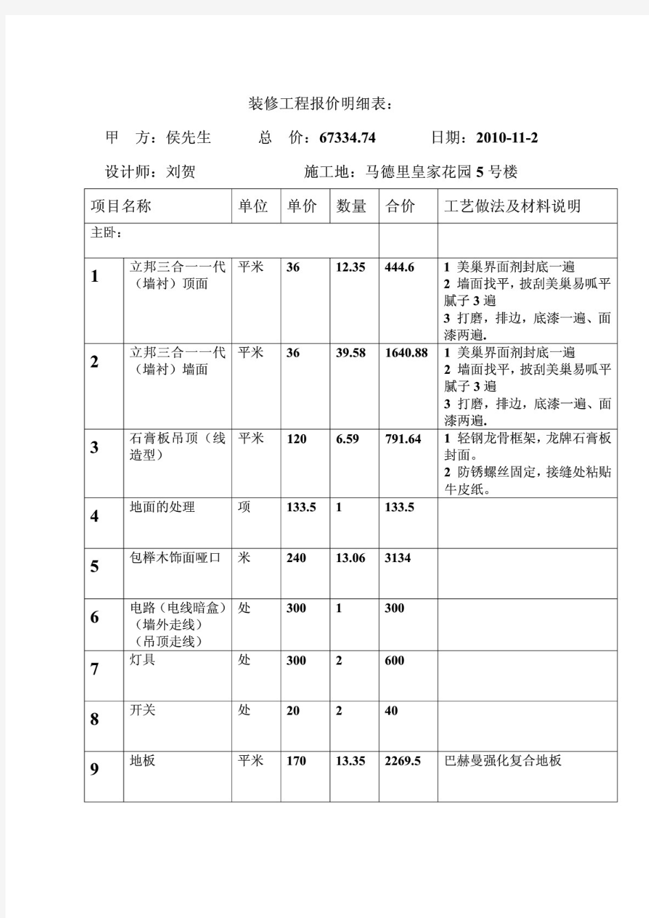 室内装修报价明细表