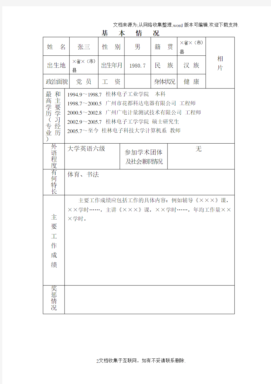 大中专院校毕业生专业技术定职表(样本)