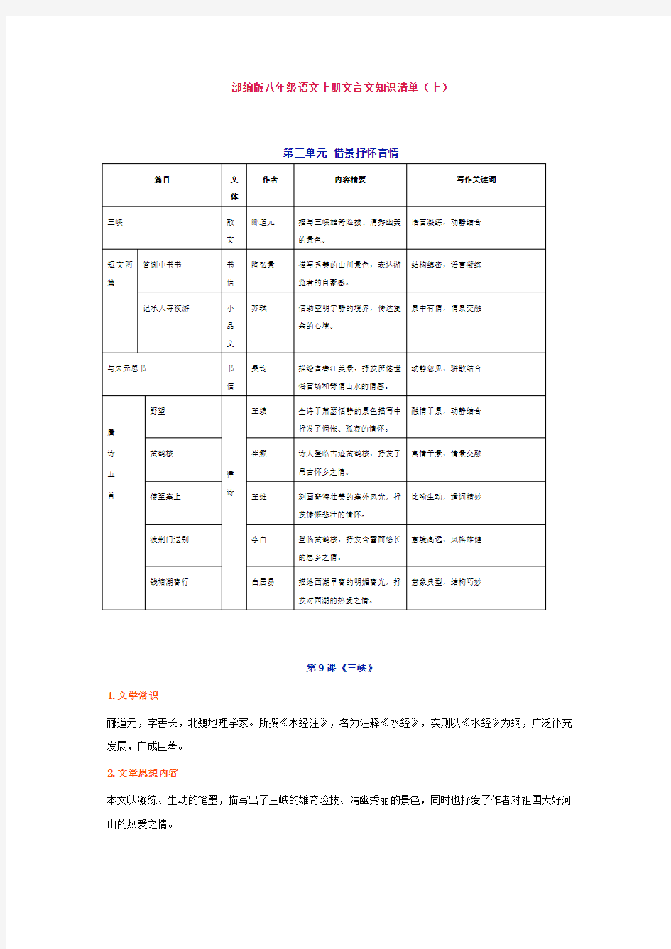 部编版八年级语文上册文言文知识清单