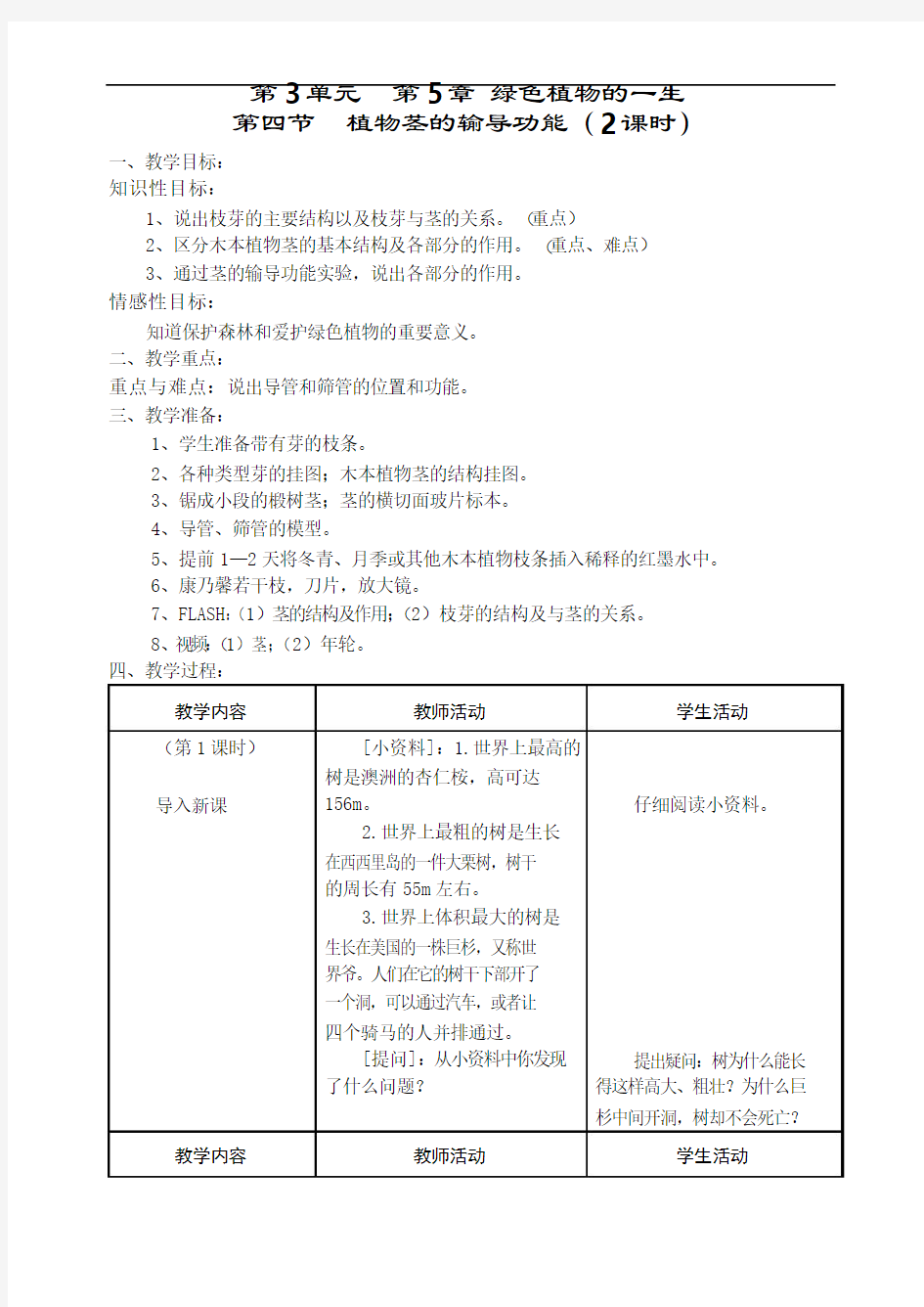 七年级上册生物《植物茎的输导功能》教案