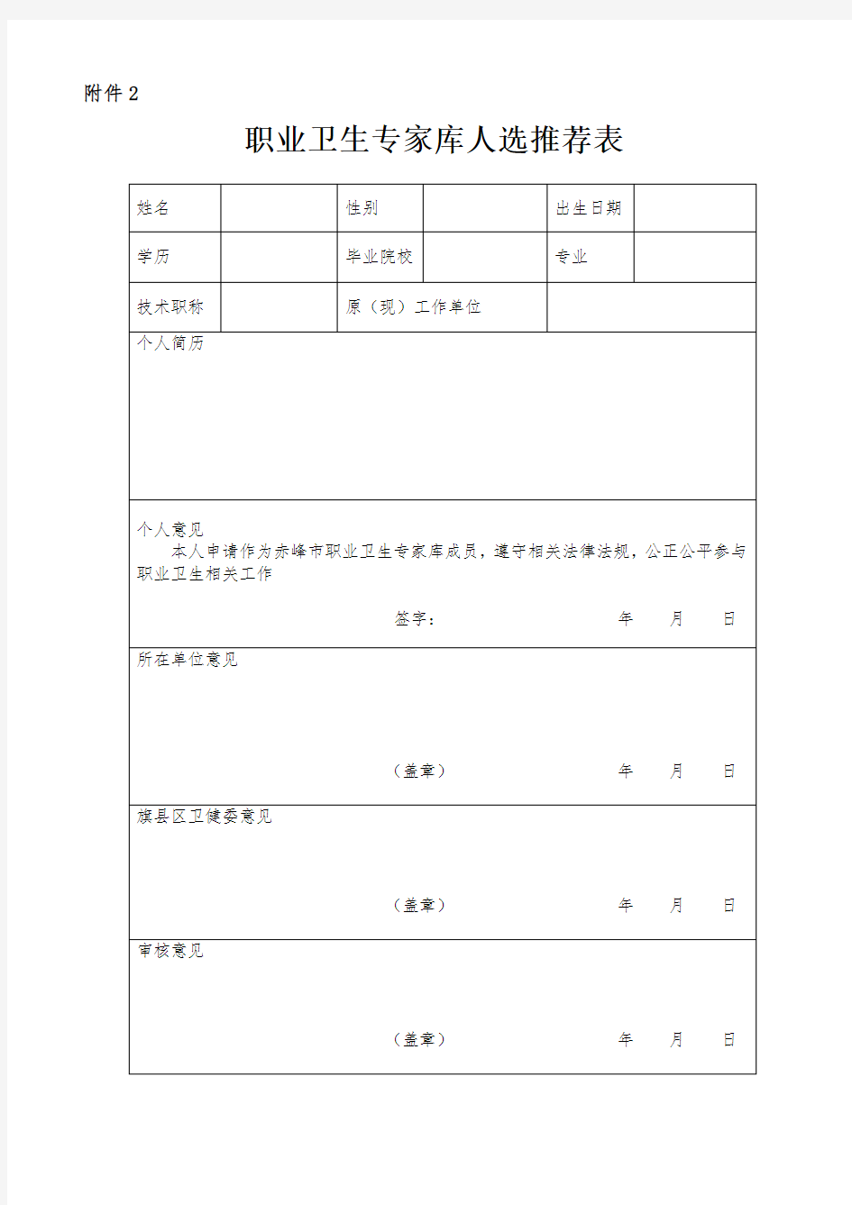 职业卫生专家库人选推荐表