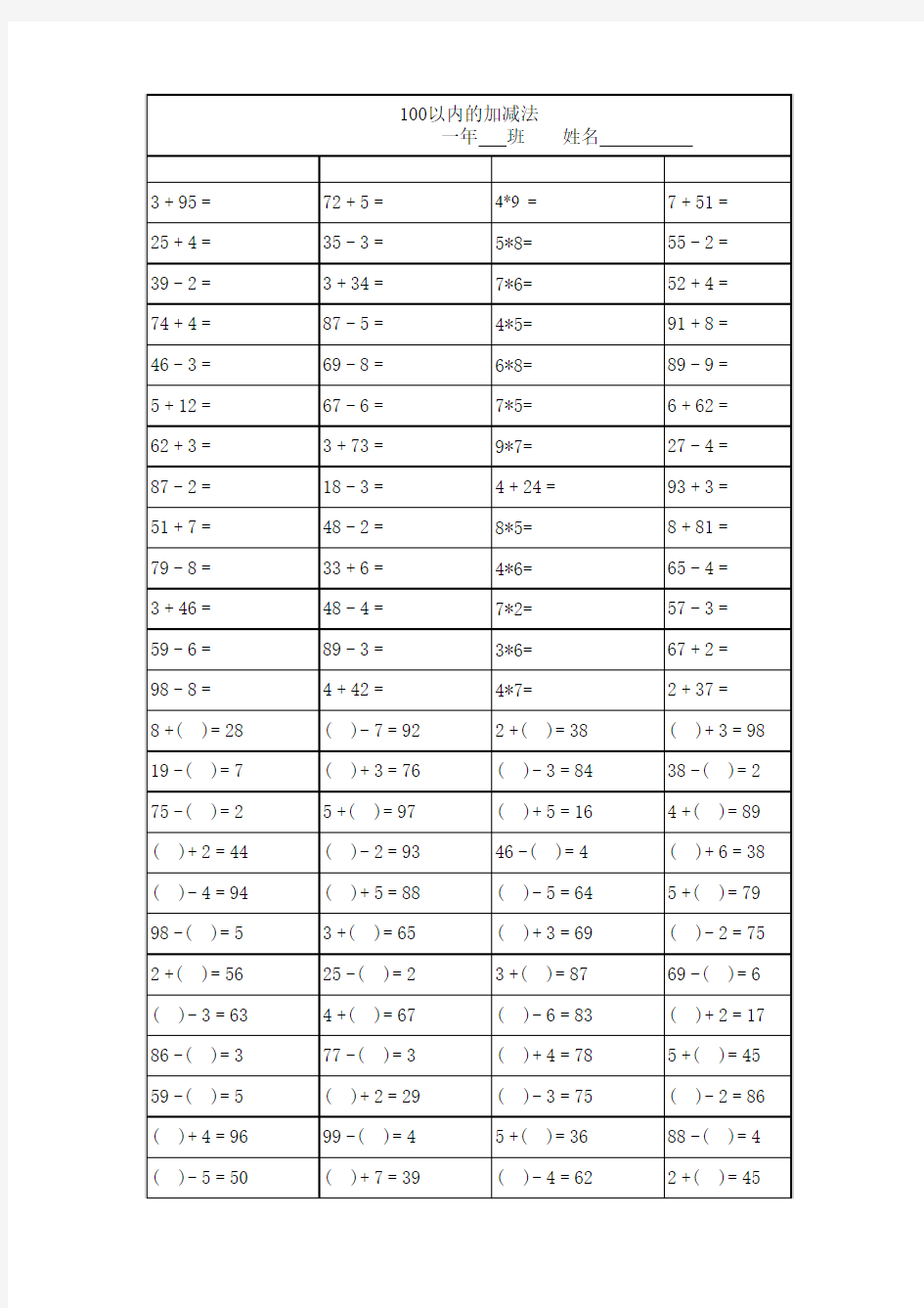 小学一年级100以内加减乘法口算题卡15套1500道