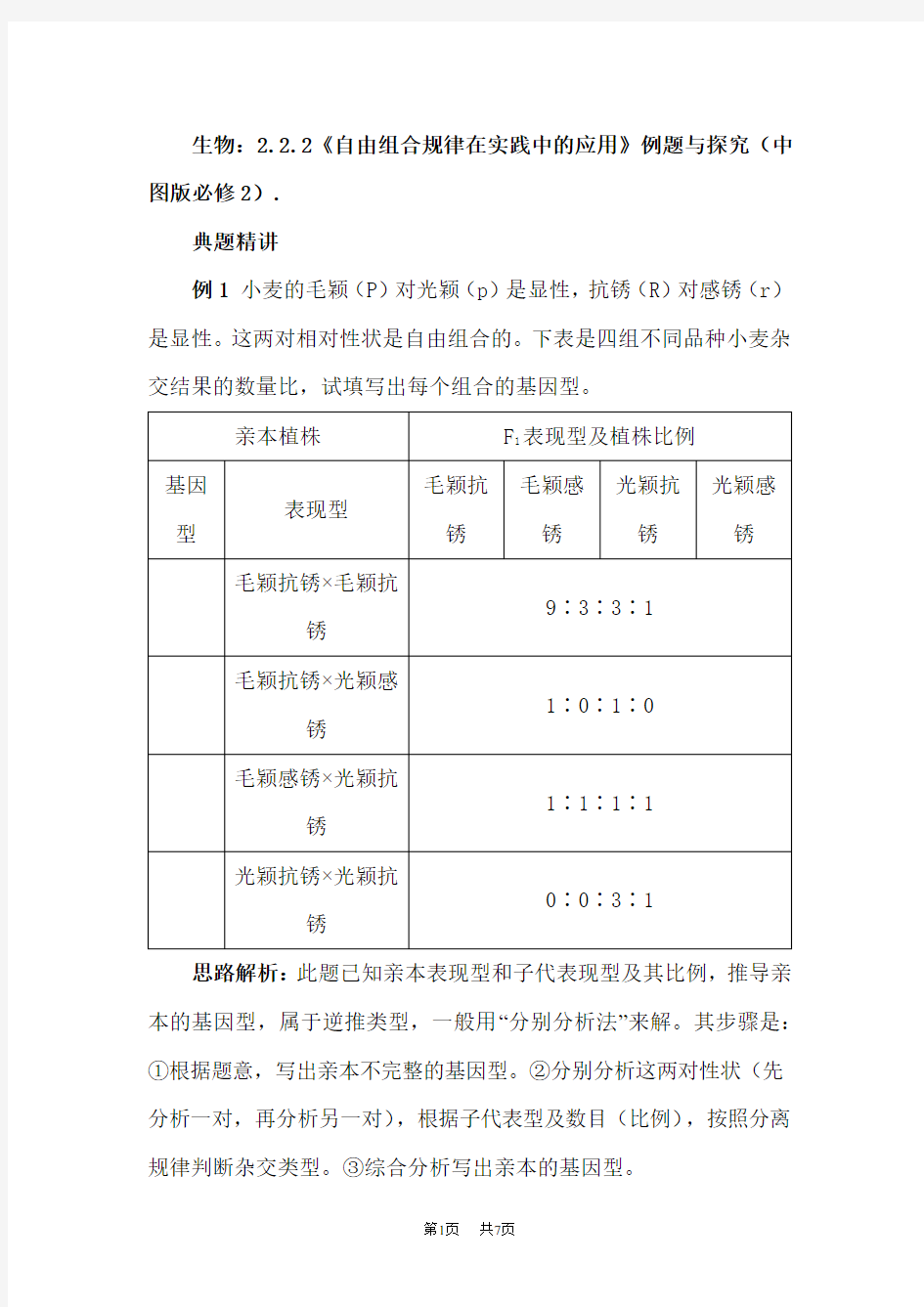 高一生物自由组合规律在实践中的应用