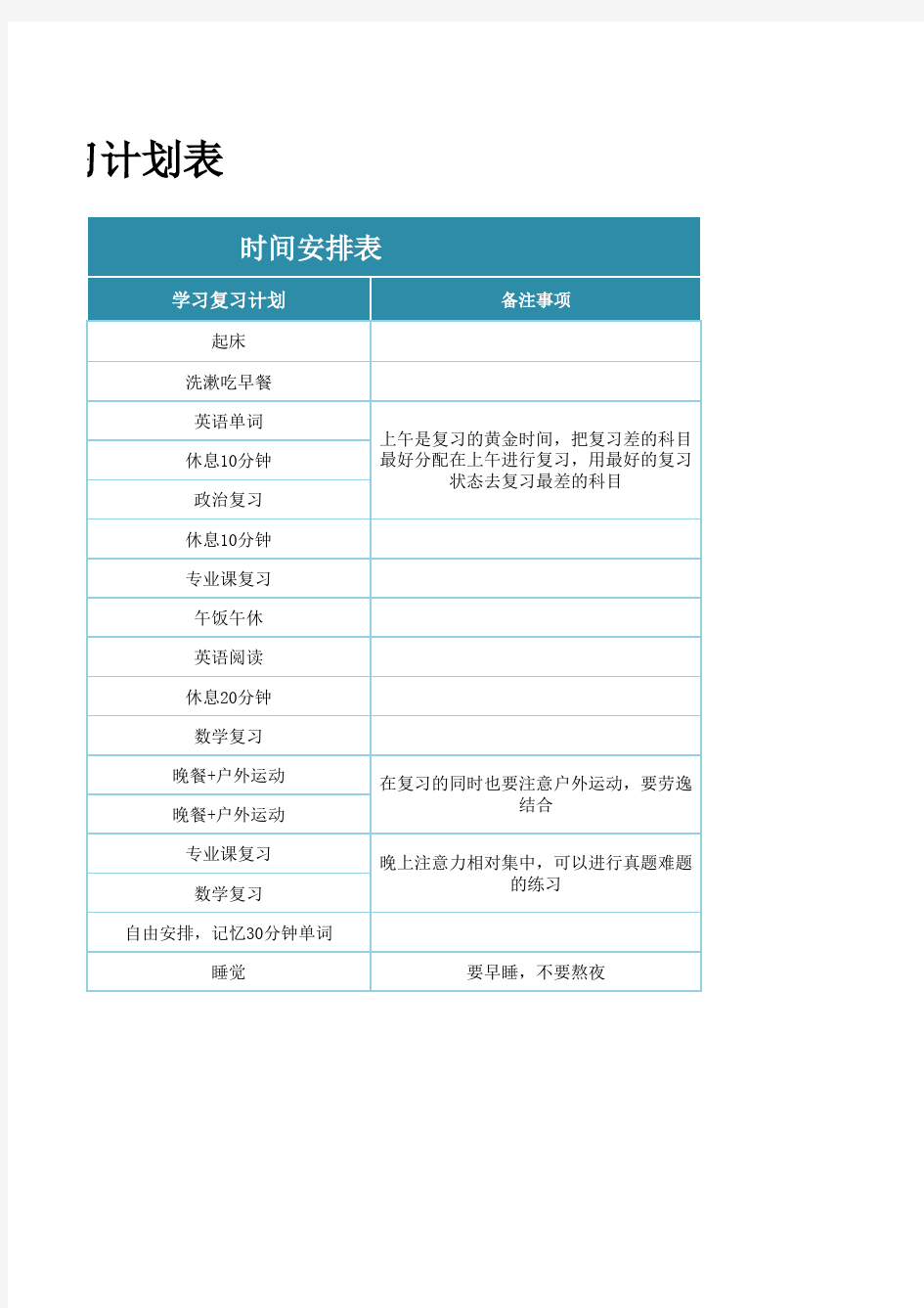 考研学习安排计划表