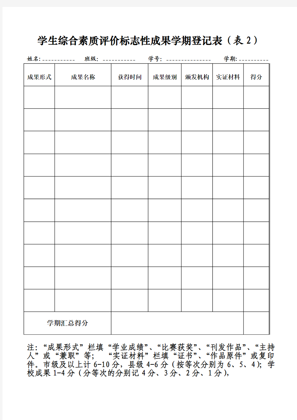 学生综合素质评价标志性成果学期登记表