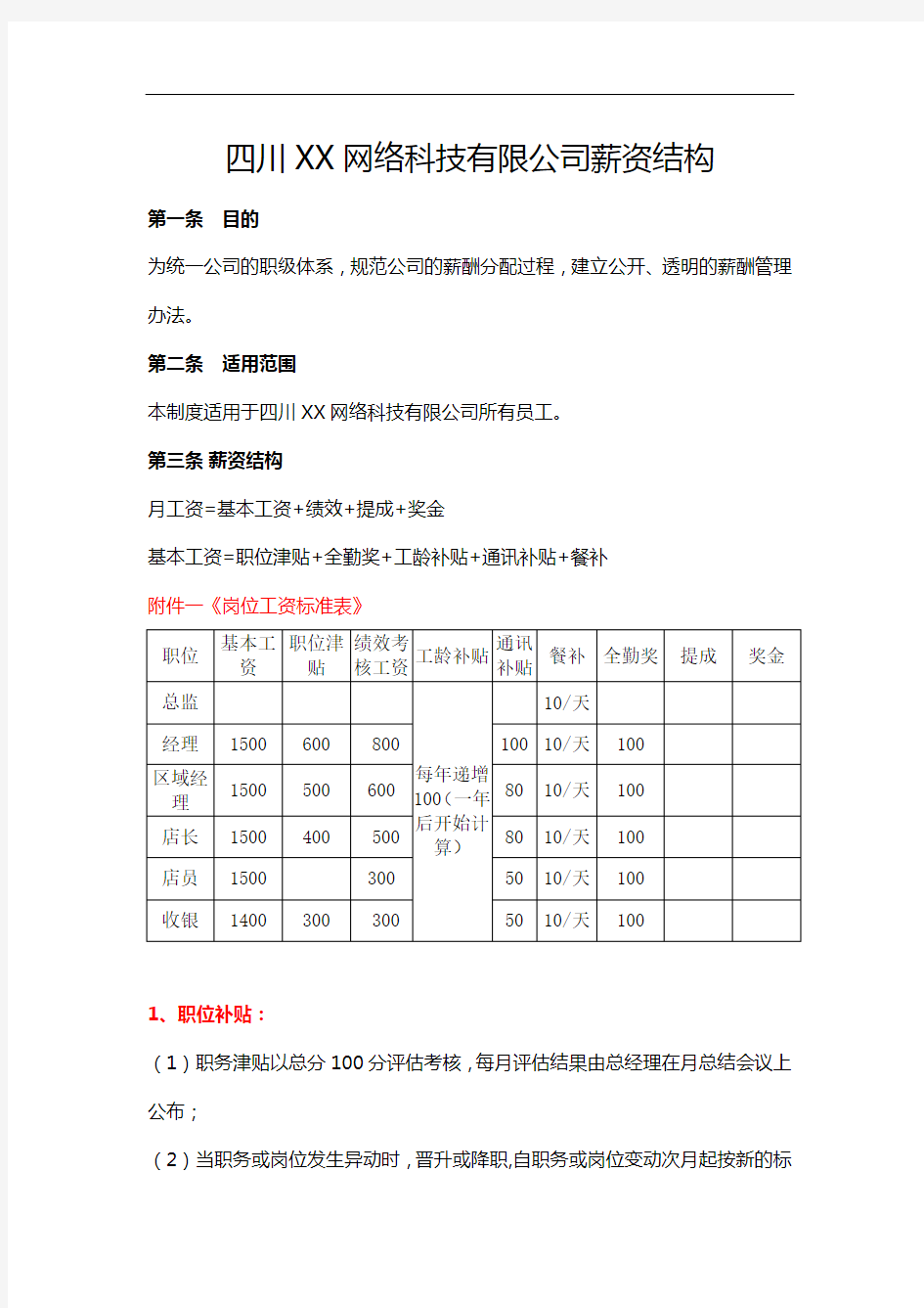 XX网络科技有限公司薪资结构