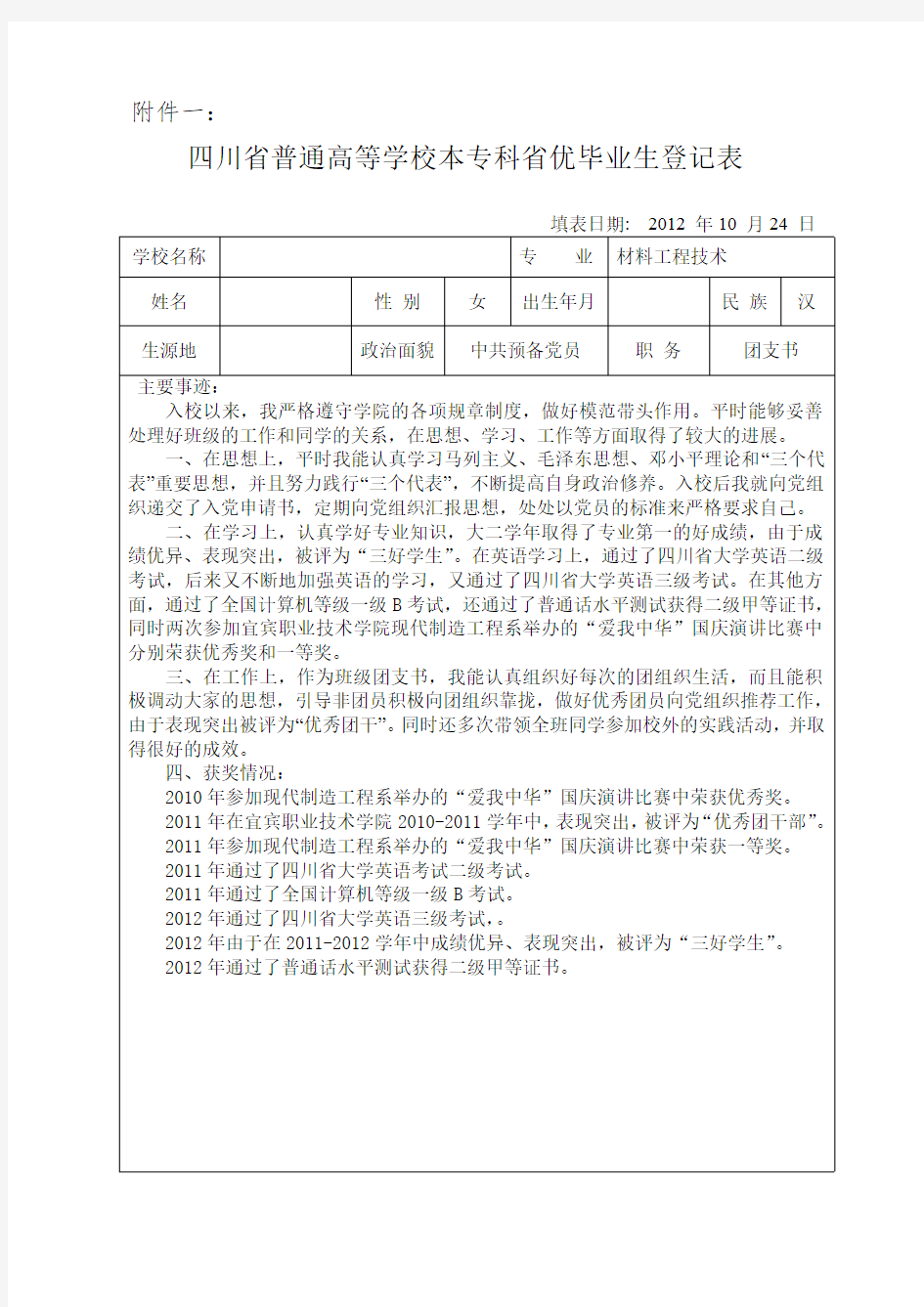 省级优秀毕业生登记表