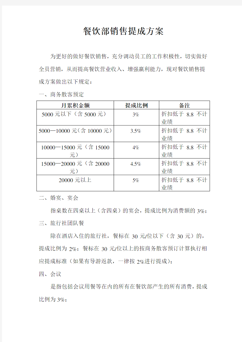 餐饮部销售提成方案