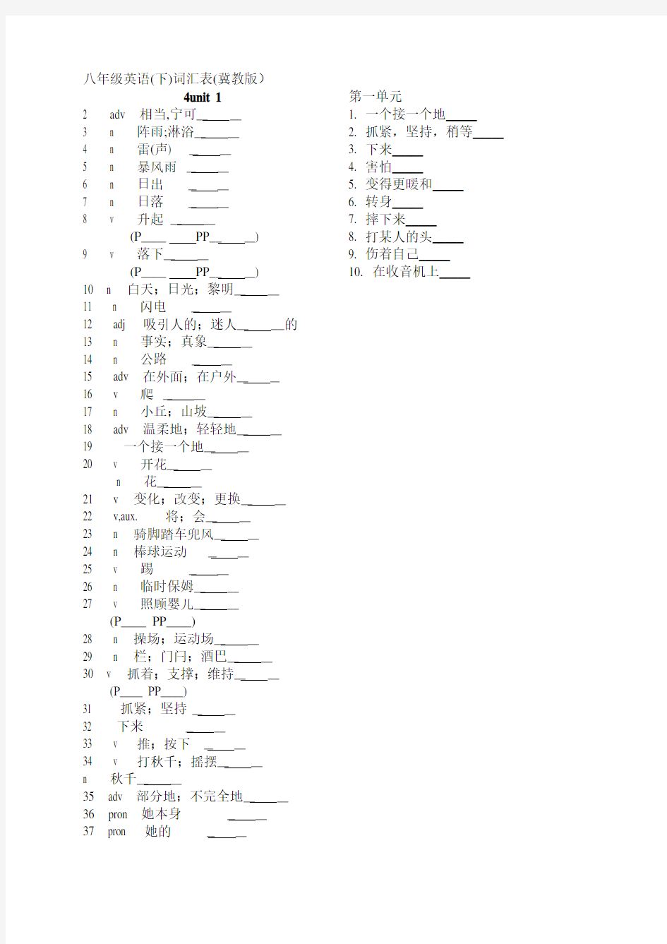 冀教版八年级下英语单词表(汉译英)