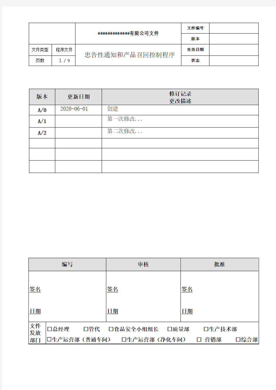 忠告性通知和产品召回控制程序(医疗与食品类)