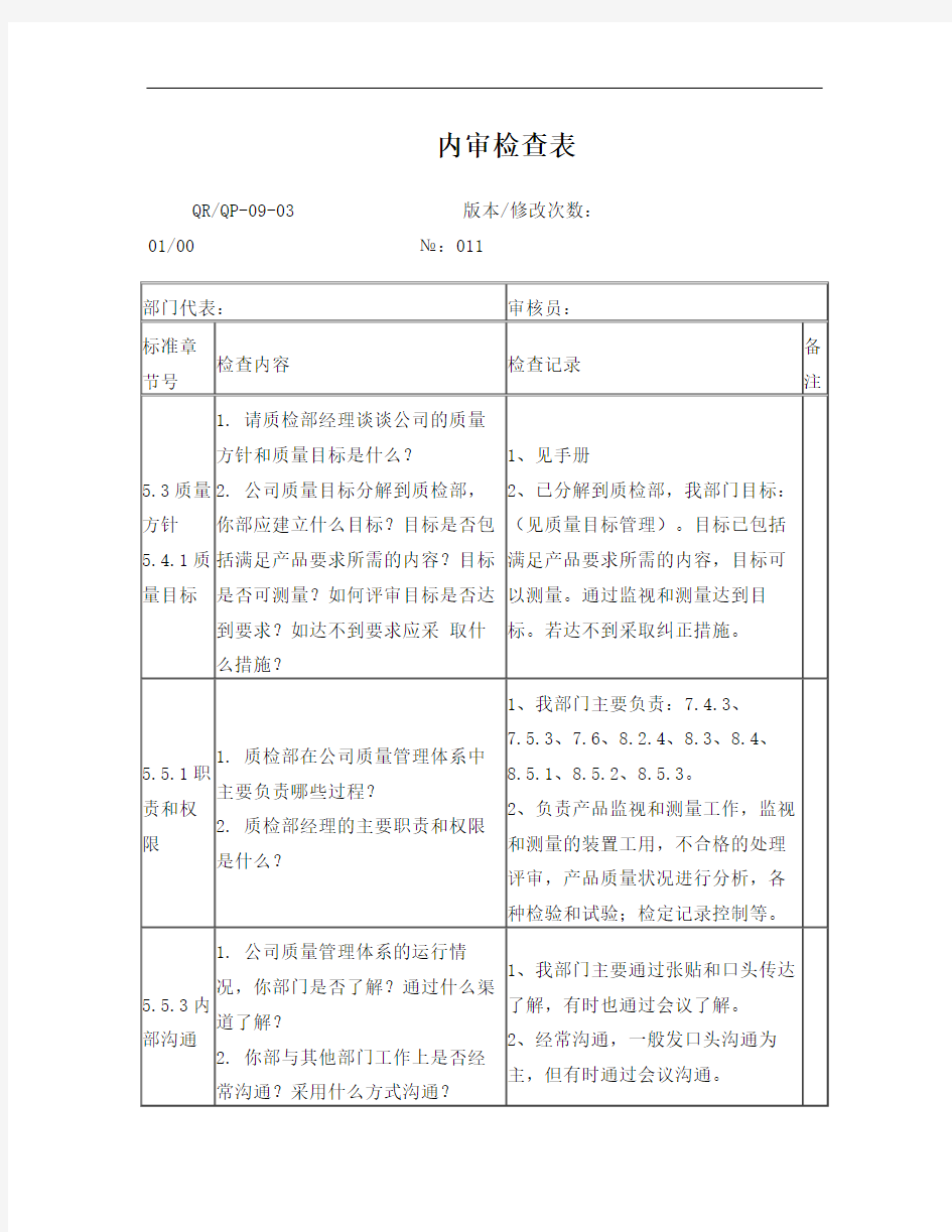 质量部门内审检查表