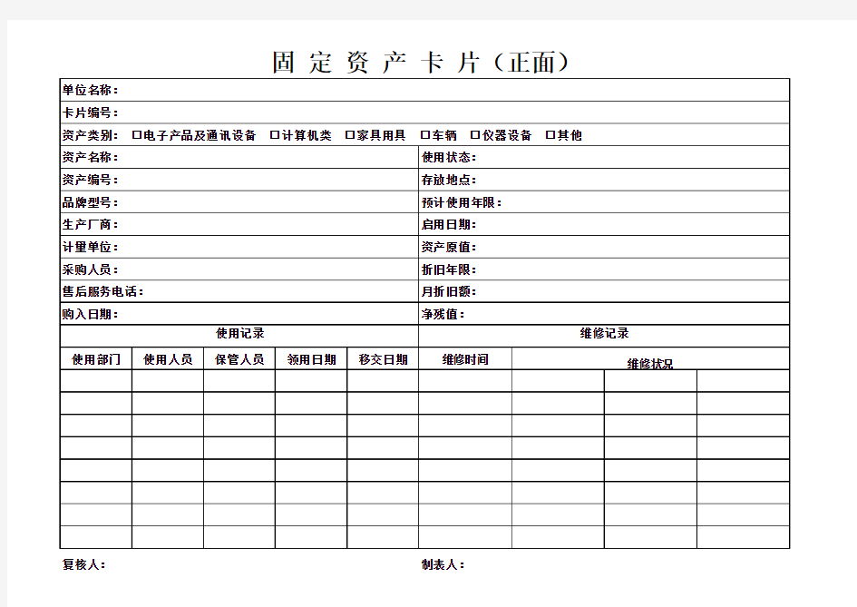 固定资产卡片模板