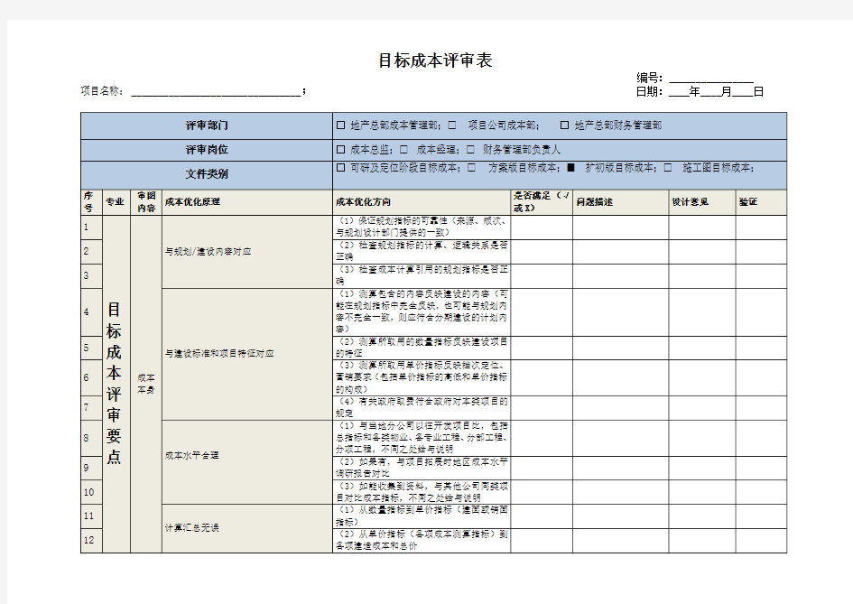 建设工程项目目标成本评审表