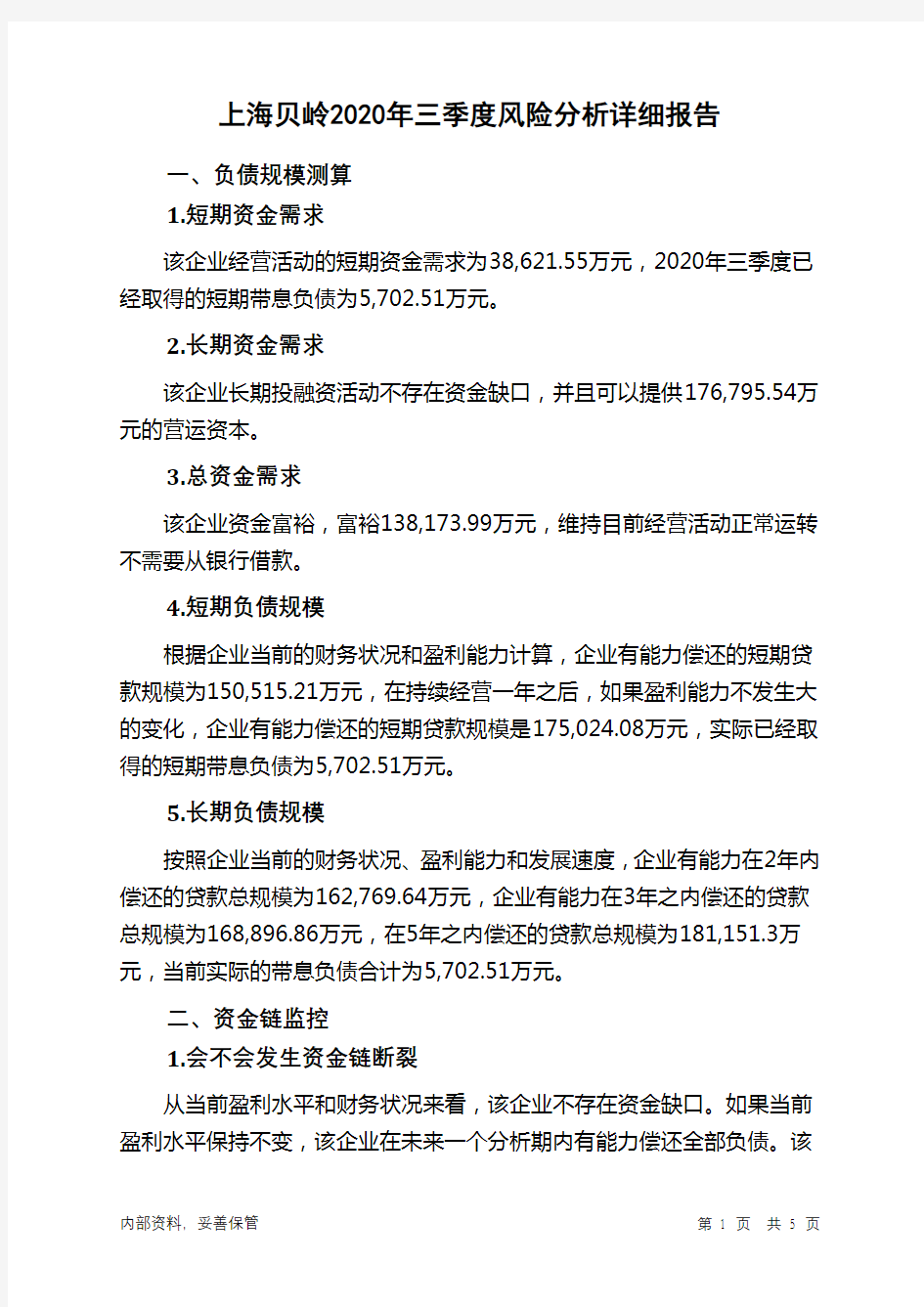 上海贝岭2020年三季度财务风险分析详细报告