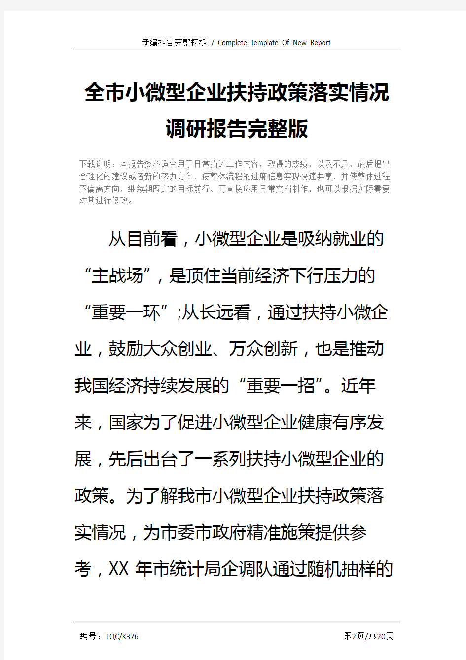 全市小微型企业扶持政策落实情况调研报告完整版