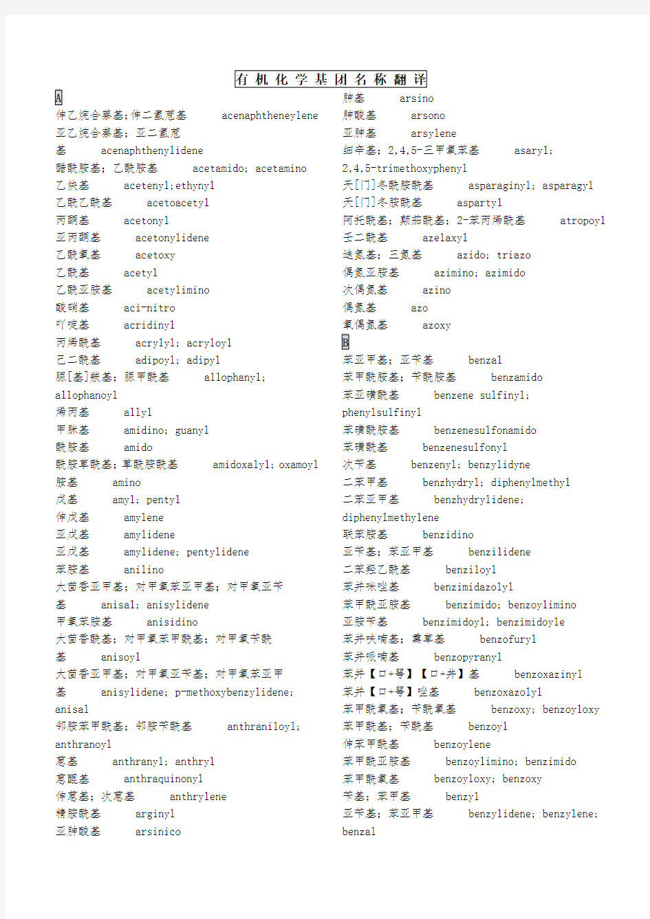 常见的有机化学基团名称翻译