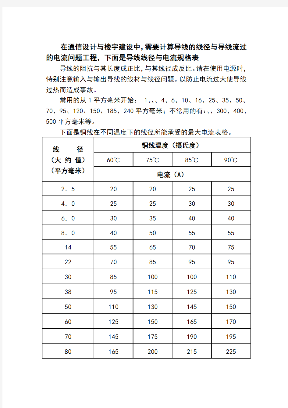 导线线径与电流对照表