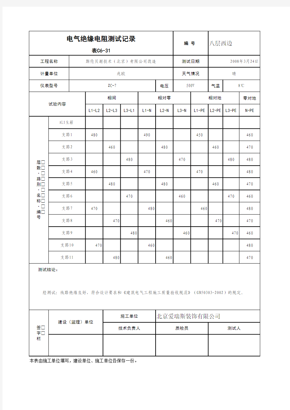 电气绝缘电阻测试记录C6-31