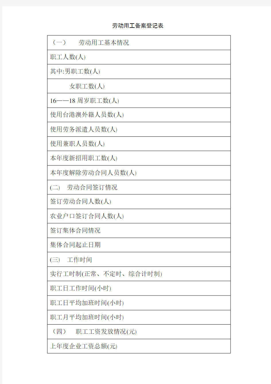 劳动用工备案登记表