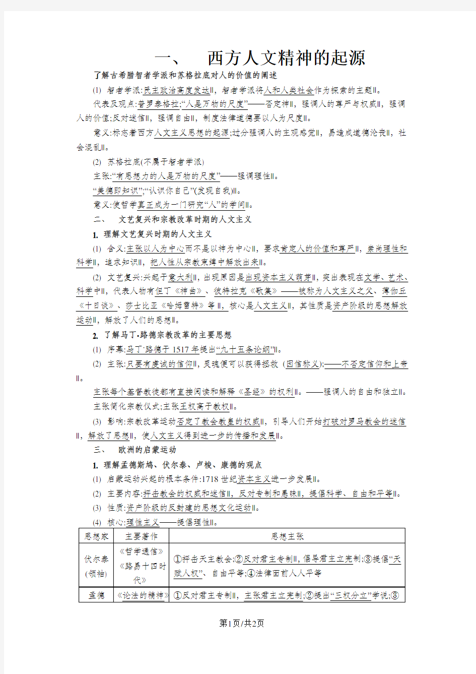 高二历史人教版必修三 第二单元 西方人文精神的起源及其发展 知识梳理