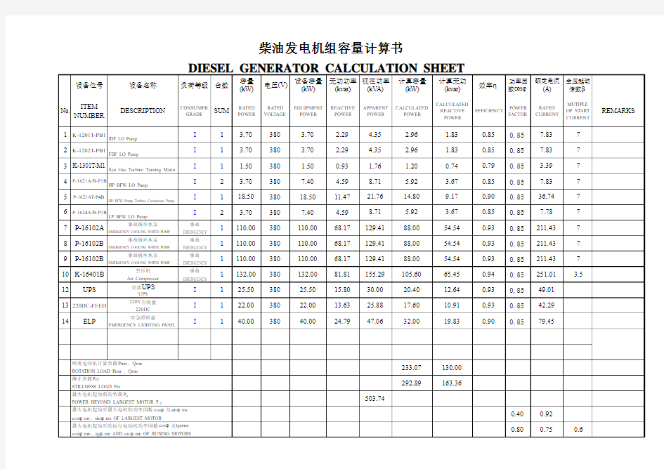 柴油发电机容量计算表