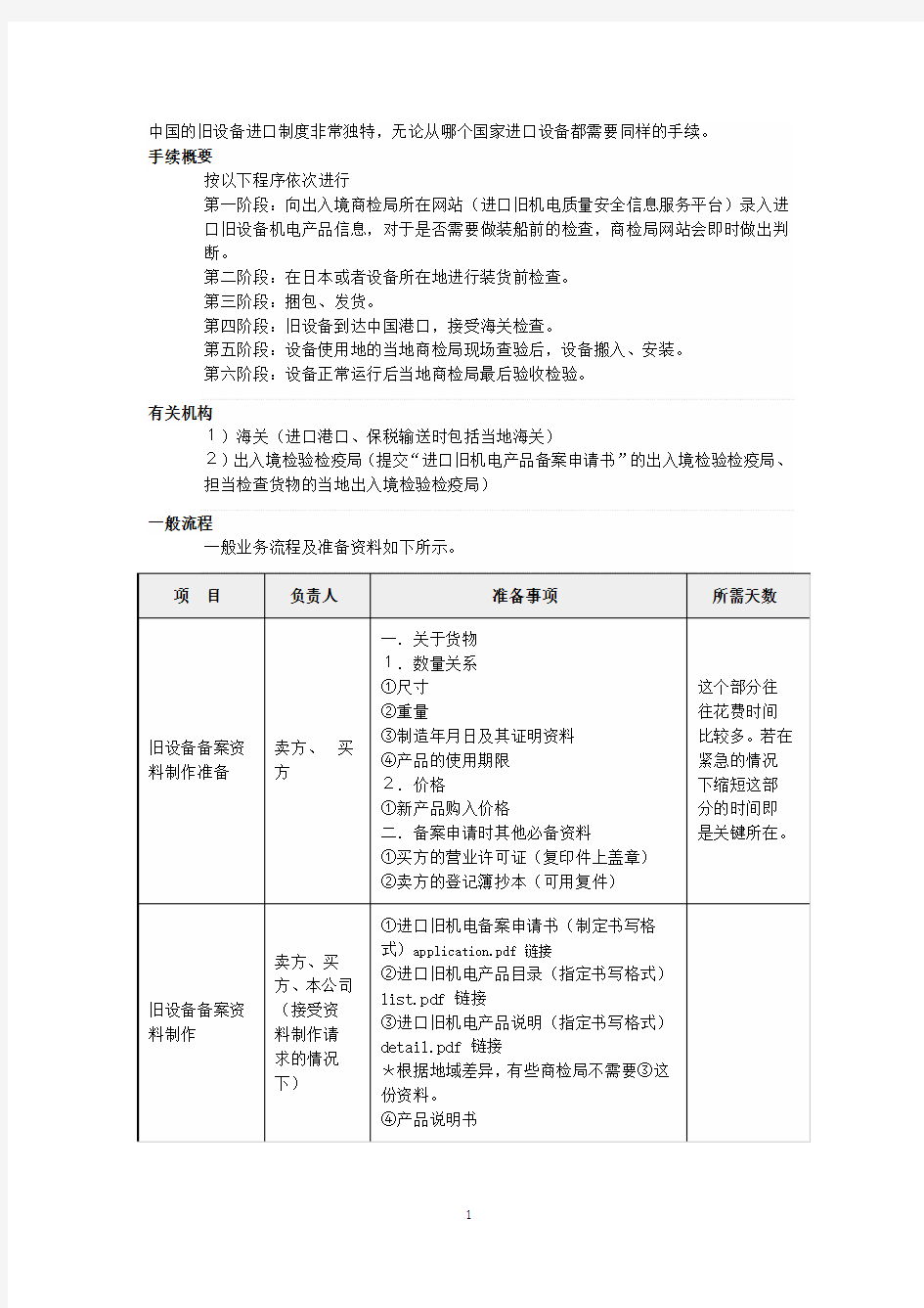 旧设备进口资料及流程