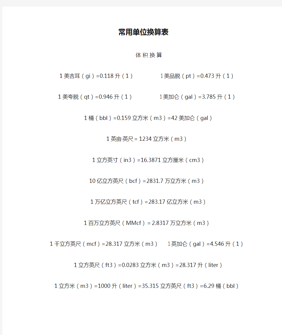 常用单位换算表unit conversion