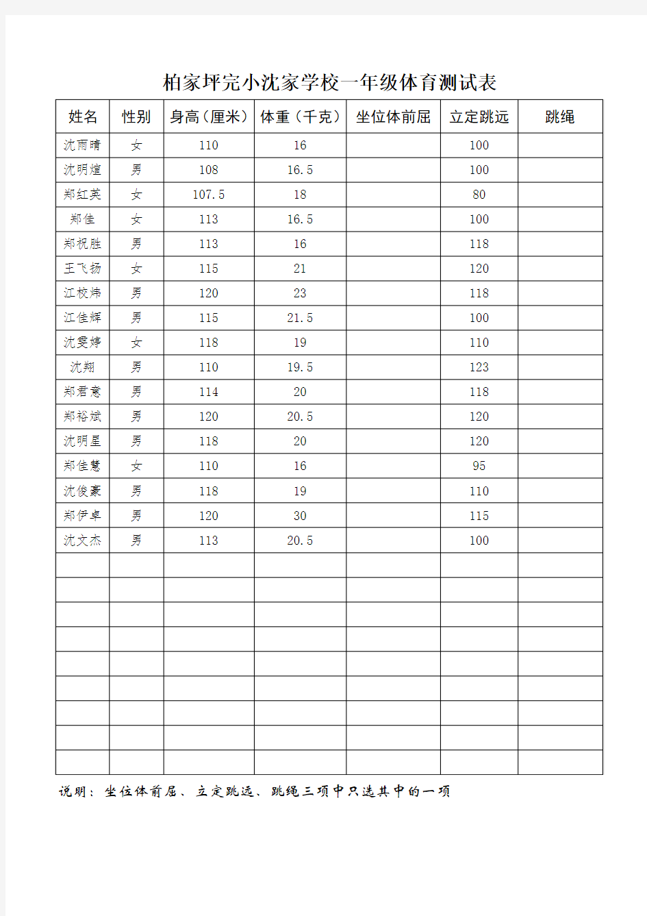 小学体育成绩表