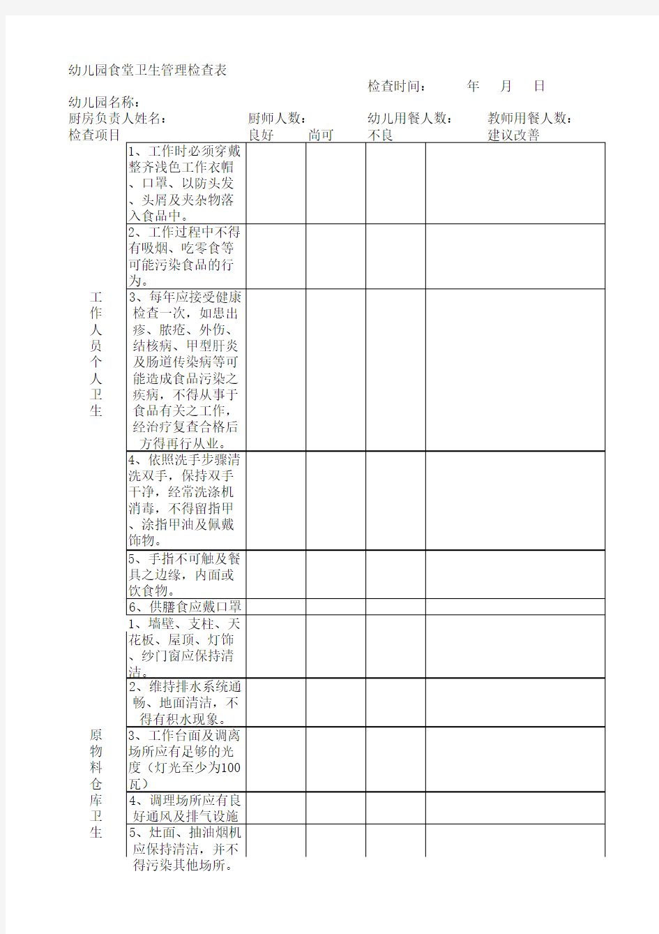 幼儿园食堂卫生管理检查表