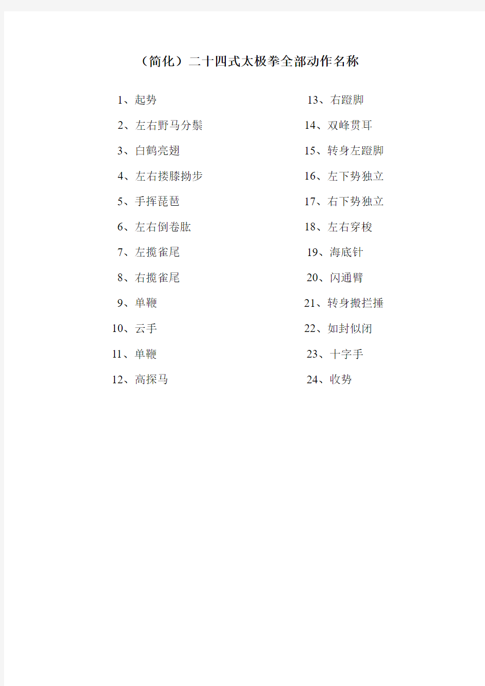 24式太极拳动作名称