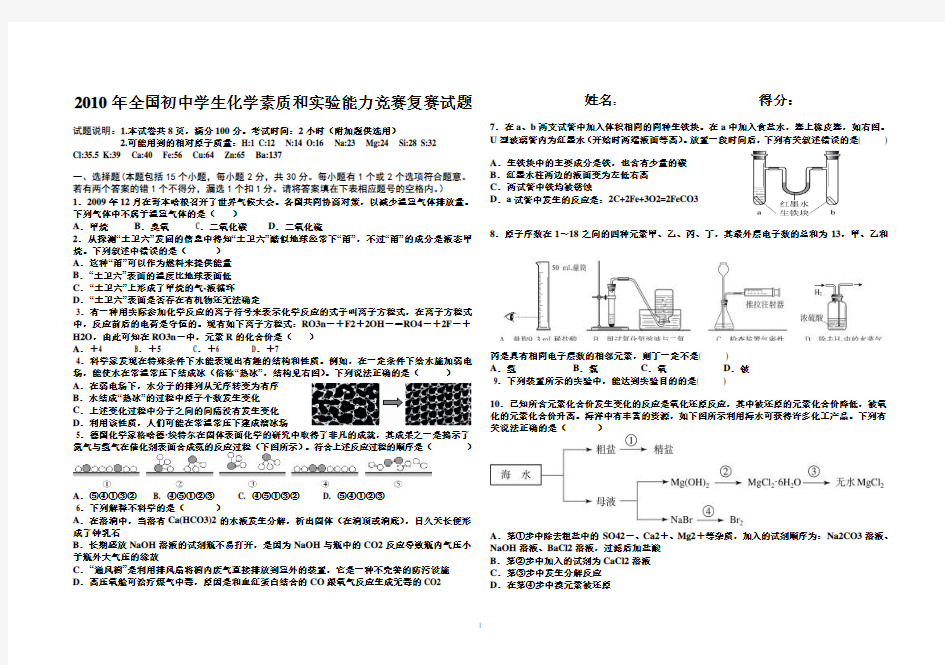 2010年全国初中学生化学竞赛试题