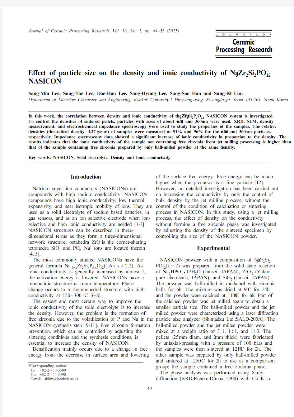 15.Effect of particle size on the density and ionic conductivity of Na 3 Zr 2 Si 2 PO 12NASICON