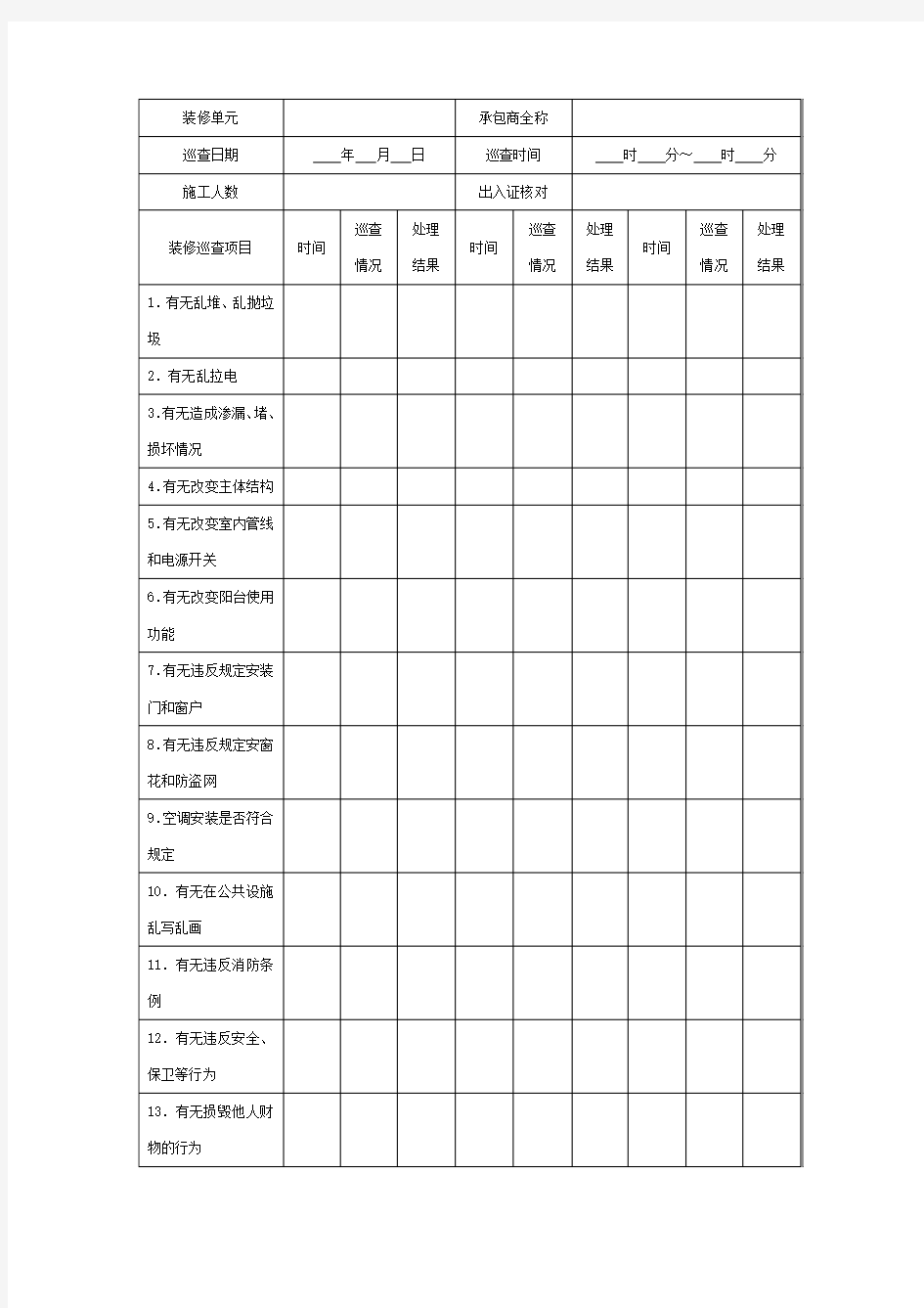 装修施工巡查记录表