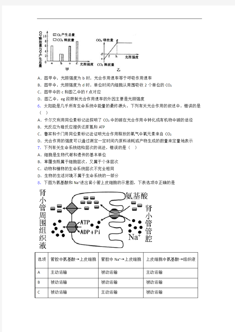 江苏省泰州中学 高中生物必修一测试题选择题专项附答案