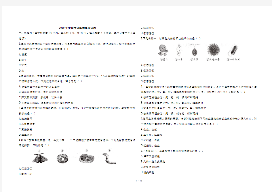 2020年中考生物模拟测试卷及答案共3套