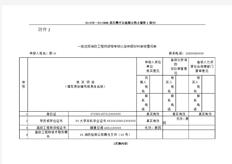 一级注册消防工程师资格考核认定申报材料审核情况表