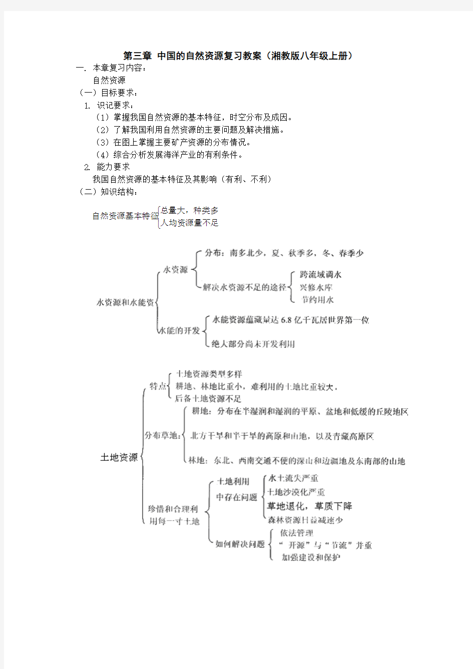 #第三章 中国的自然资源复习教案(湘教版八年级上册